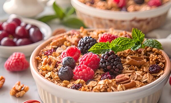 Bowl of granola with fresh berries. The concept of healthy eating.