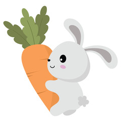 Clipart of cute little rabbit holding a carrot on a white background. Easter clipart for mascot, greeting card, stickers, clothing, printable game card