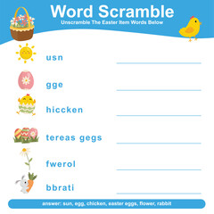 Word Scramble worksheet. Complete the letters in English. Kids educational game. Printable worksheet for preschool. Writing practice