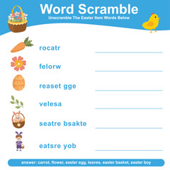 Word Scramble worksheet. Complete the letters in English. Kids educational game. Printable worksheet for preschool. Writing practice