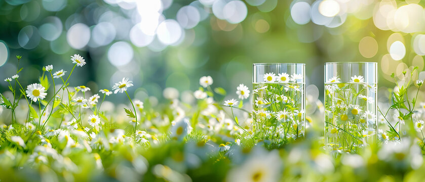 Two glasses of water are sitting in a field of flowers, creating a calming atmosphere