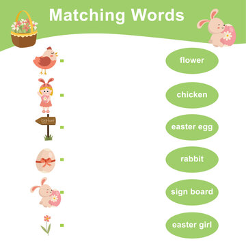 Matching words worksheet. Matching pictures with words activity. Kids educational game