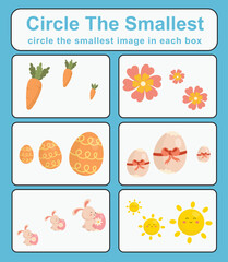 Circle the smallest worksheet. Learning about comparison. Printable activity page for kids. Educational children game. Kids activity sheet. Educational printable worksheet. Vector file.