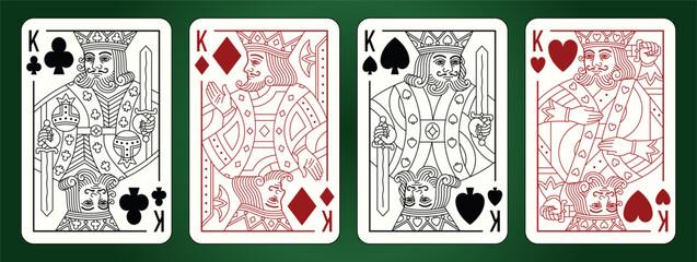 King playing cards set. Spades Hearts Diamonds and Clubs suits. 
Editable Vector illustration.