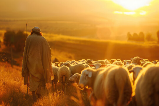 Shepherd Jesus Christ leading the sheep and praying to God and in the field bright sunlight