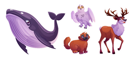 North Pole animal owl, whale and winter reindeer cute vector character. Arctic polar cartoon wildlife collection isolated on white background. Cold Alaska deer set for northeast zoo with species. © klyaksun