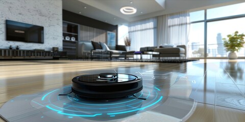 Futuristic robotic vacuum cleaner in a smart home