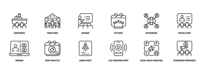 Event Marketing icon Line Icon Set, Editable Stroke. Conference, Trade, Show, Seminar, Vip, Event, Networking, Strategy.