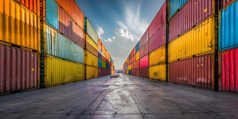 Fototapeta premium Stacked shipping containers in a cargo terminal