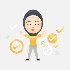 Cute Muslim cartoon girl with correct or tick symbol on isolated background
