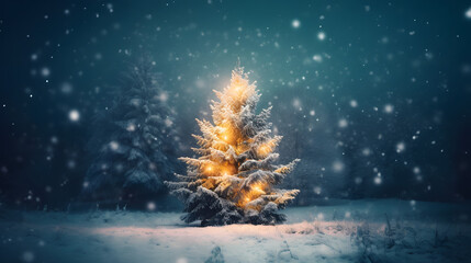 Christmas background. Xmas tree with snow decorated with garland lights - obrazy, fototapety, plakaty