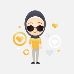 Cute Muslim cartoon girl with heart symbol on isolated background
