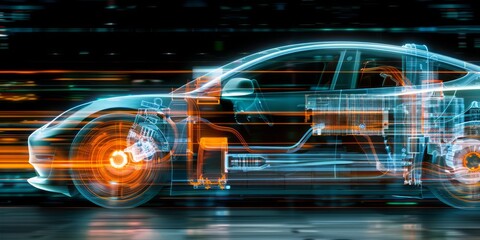 X ray vision of an electric vehicle showing its internal components and dynamic motion.