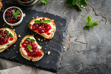 bruschetta with camembert and jam, on a stone table - obrazy, fototapety, plakaty