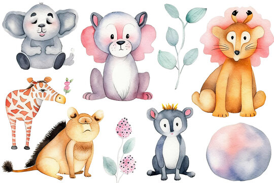 cartoon art illustrations Watercolor animals Kids clip