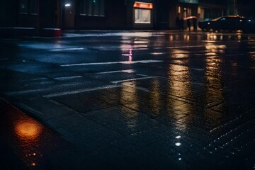 A heart-shaped impression created by rain on a city sidewalk, reflecting the city lights in the twilight mist.