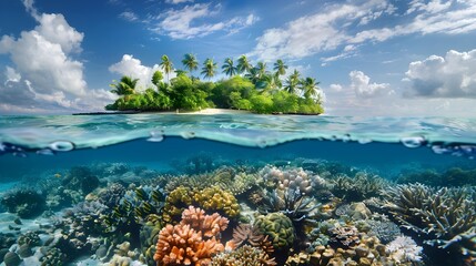 Fototapeta na wymiar Tropical Island And Coral Reef - Split View With Waterline