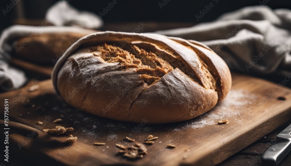 Wall mural Freshly baked bread with kitchen towel