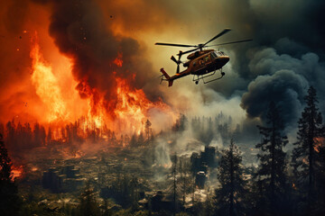 A helicopter flies over a city engulfed in flames, battling a fire emergency to prevent further destruction - obrazy, fototapety, plakaty
