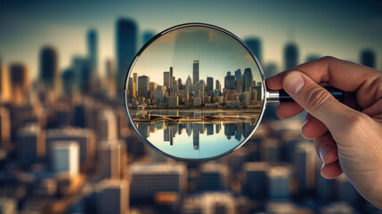 Businessman Realtor Inspects City With Magnifying Glass