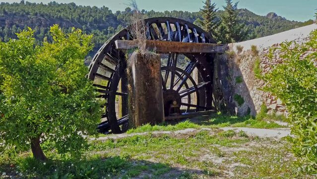Ancient arabic mill, water noria at Abaran village in Murcia region, Spain Europe. Ruta de las Norias, Noria de la Hoya de Don Garcia