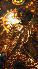 Obraz premium Black man with afro and sunglasses in a shiny gold suit at a disco, exuding a 70s retro vibe