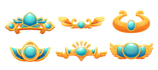 Gold ancient egyptian ui game frame vector element. Pharaoh treasure ornament border with emerald and scarab wings decoration design. Metal divider for mythology antique invitation or 2d app menu.