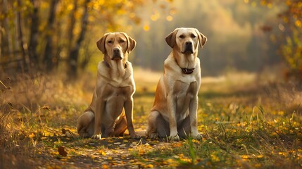 Two Labradors sitting on autumn meadow