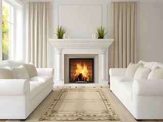 Papier Peint photo Lavable Texture du bois de chauffage Two white sofas against fireplace. Country style home interior design of modern living room.