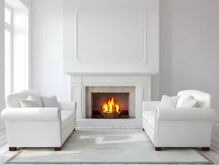 Poster Texture du bois de chauffage Two white sofas against fireplace. Country style home interior design of modern living room.