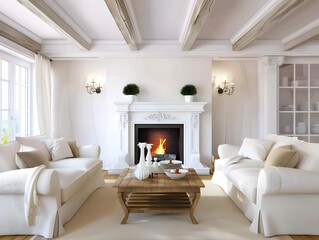 Two white sofas against fireplace. Country style home interior design of modern living room.