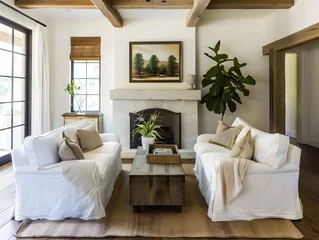 Papier Peint photo autocollant Texture du bois de chauffage Two white sofas against fireplace. Country style home interior design of modern living room.