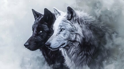 two wolf, black wolf and white wolf