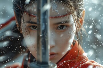 A red-robed Chinese princess with long sword, extreme close up shot
