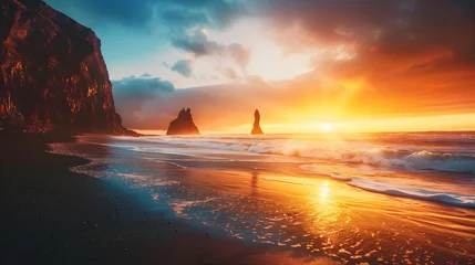 Cercles muraux Europe du nord Unbelievable sunset on Reynisdrangar cliffs in Atlantic ocean. Spectacular summer scene of black sand beach in Iceland, Vik location, Europe. Beauty of nature concept background.