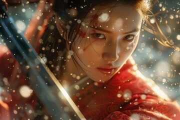 A red-robed Chinese princess with long sword, extreme close up shot
