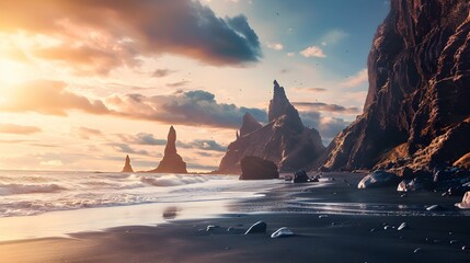 Unbelievable sunset on Reynisdrangar cliffs in Atlantic ocean. Spectacular summer scene of black sand beach in Iceland, Vik location, Europe. Beauty of nature concept background. - obrazy, fototapety, plakaty