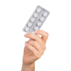 Hand holding medicine in blister pack on transparent background