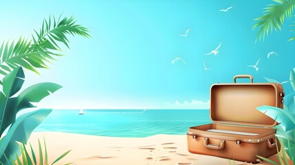 vacation travel time banner, open travel suitcase with exotic destination inside with copy space...