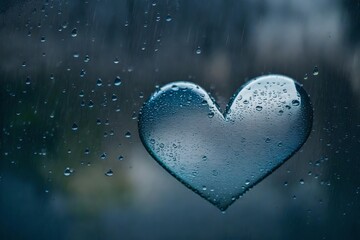Raindrops leave a heart-shaped imprint on a window, forming a delicate and transitory pattern on a rainy day.