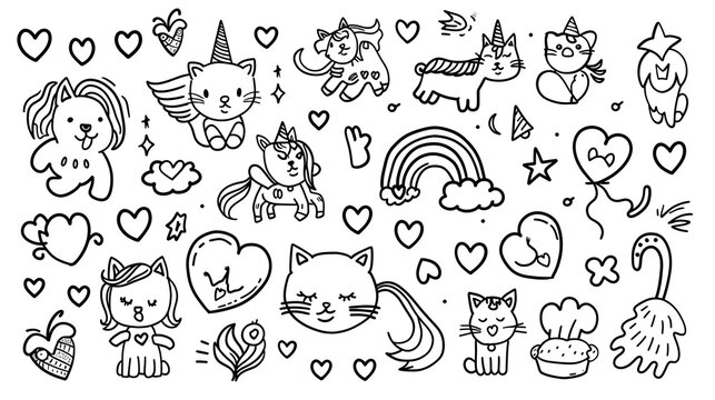black and white set of Saint Valentine day elements with cupid, unicorn, hearts, cats, rainbow, perfect match. Cute funny kawaii line illustration or coloring page for kids with love concept 