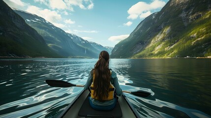 View from the back of a girl in a canoe floating on the water among the fjords - obrazy, fototapety, plakaty