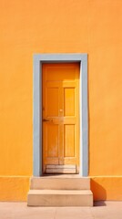 Fototapeta na wymiar Vintage wooden Door in pale orange color in an old Building on a sunny day. Peach, Yellow Background.