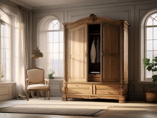 Luxurious wooden wardrobe with hanging clothes in a bright bedroom interior
