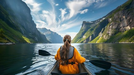 View from the back of a girl in a canoe floating on the water among the fjords - obrazy, fototapety, plakaty