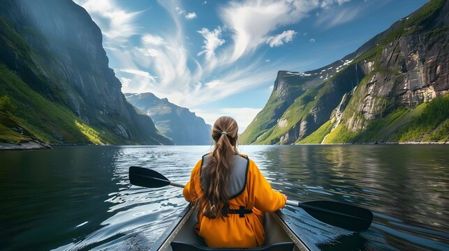 View from the back of a girl in a canoe floating on the water among the fjords