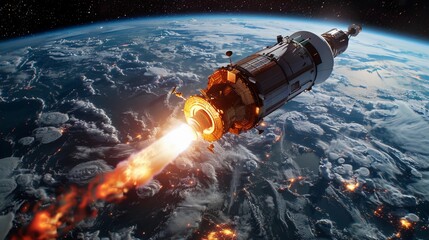 Thruster Ignition Of Orbital Spacecraft Above Earth. Advanced Space Technology And Exploration. International Day of Human Space Flight. Space Travel. AI Generated - obrazy, fototapety, plakaty