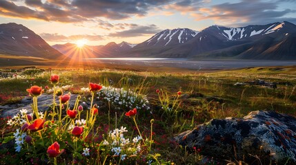 Wallpaper norway landscape nature of the mountains of Spitsbergen Longyearbyen Svalbard on a flowers polar day with arctic summer in the sunset  - obrazy, fototapety, plakaty