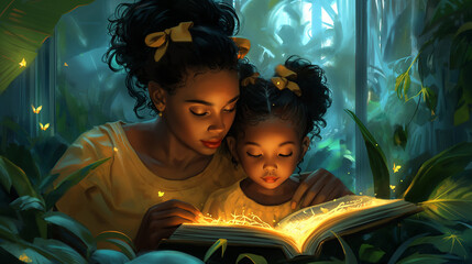 Mother and daughter reading an enchanted book