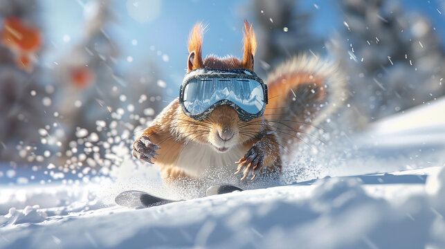 5. A happy squirrel wearing ski goggles and carving through the snow depicted in a dynamic 3D scene with 4D realism